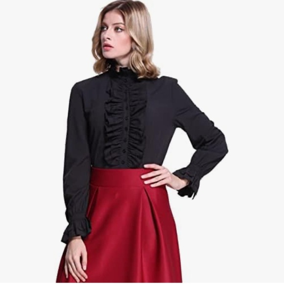 Firpearl Women's M Medium Button Down Blouse Ruffle Collar Vampire Core Goth - Picture 4 of 13